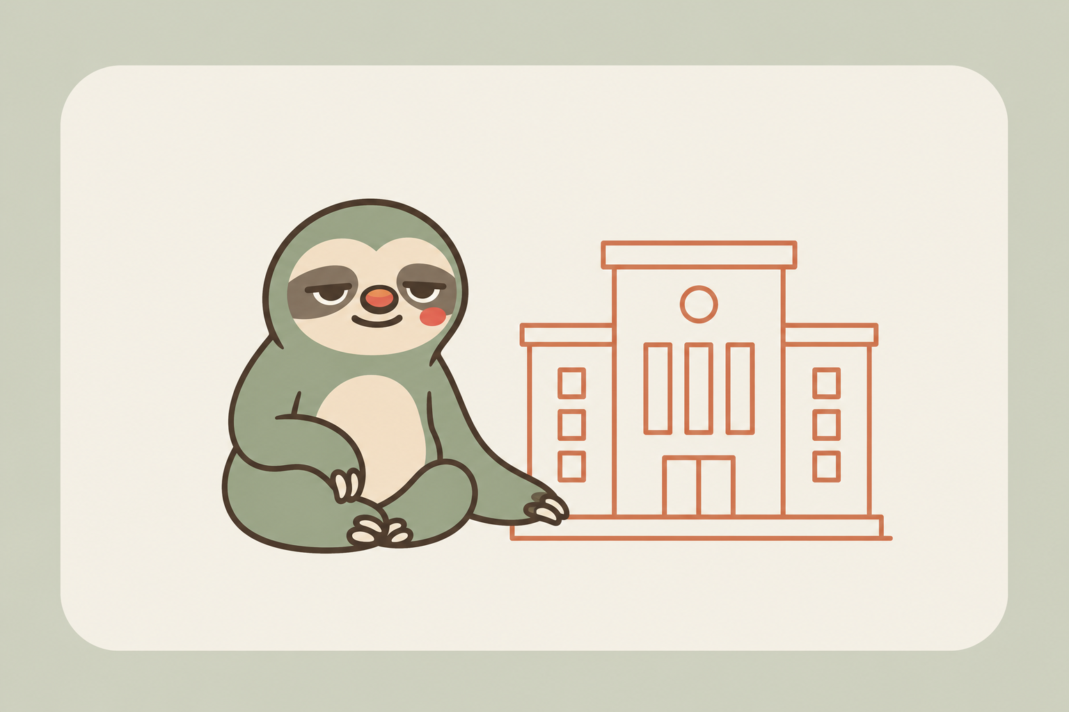 Sloth mascot sitting beside an enterprise building