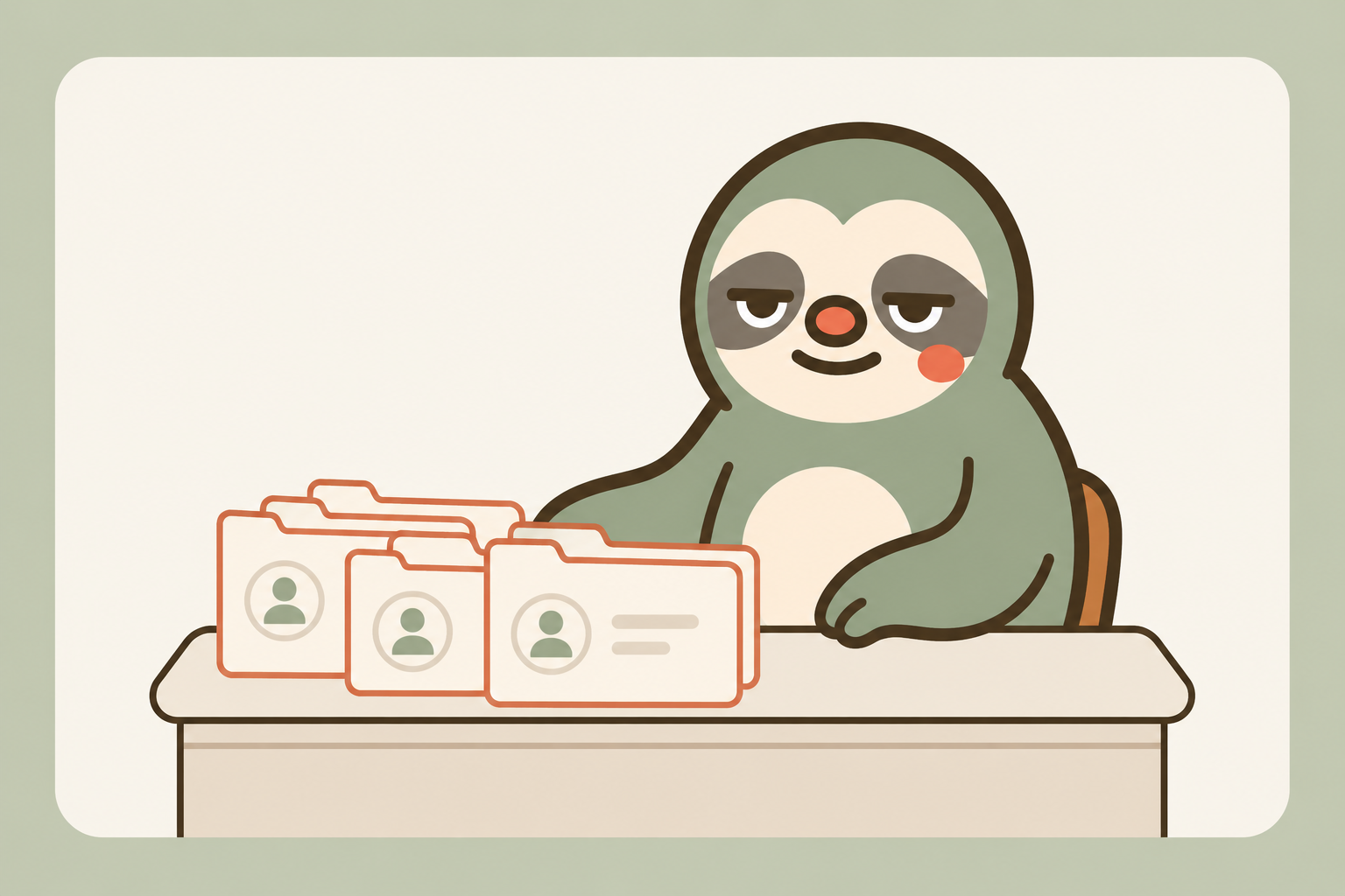 Sloth mascot organizing client folders at a desk